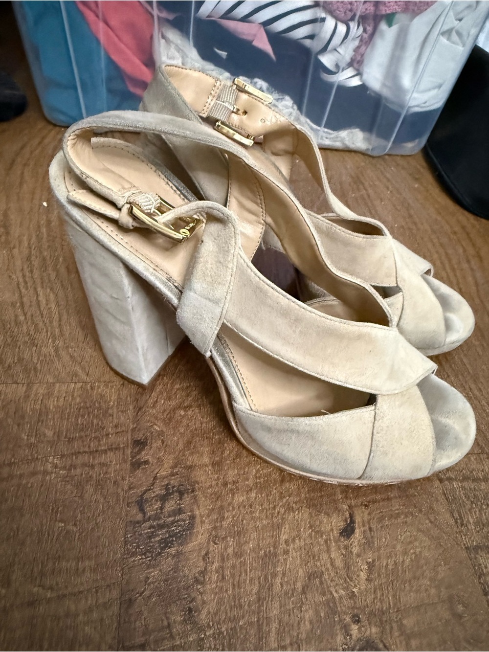 Michael Kors Beige Suede Peep-Toe Block Heel Sandals